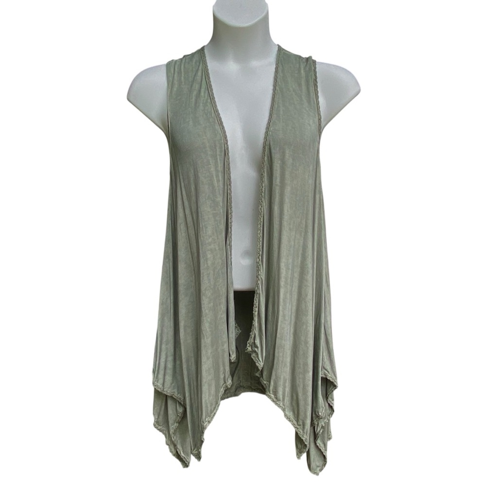 POL Green Lace Trim Sleeveless Duster Cardigan Womens Size Large Boho Rayon
